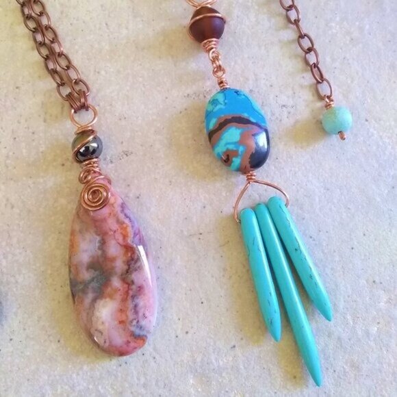 Rustic Crazy Lace Agate Pendant Necklace! Cream Gray Peachy Tangerine + Copper - Picture 15 of 15